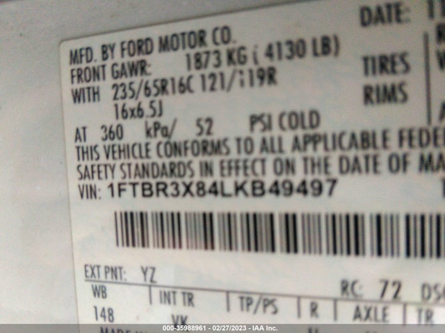 2020 Ford Transit, VIN: 1FTBR3X84LKB49497