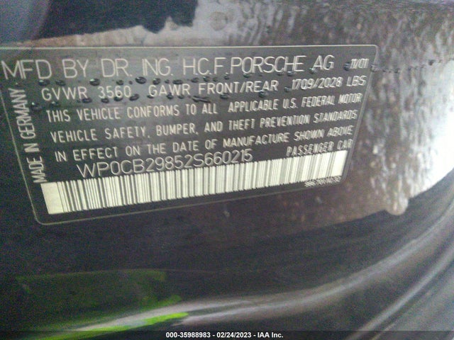 2002 PORSCHE BOXSTER S VIN: WP0CB29852S660215
