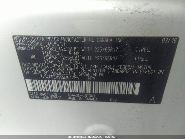 2016 TOYOTA RAV4 LE VIN: 2T3ZFREV9GW264256
