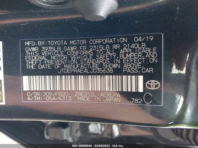 2020 TOYOTA COROLLA LE VIN: JTDEPRAE4LJ035638