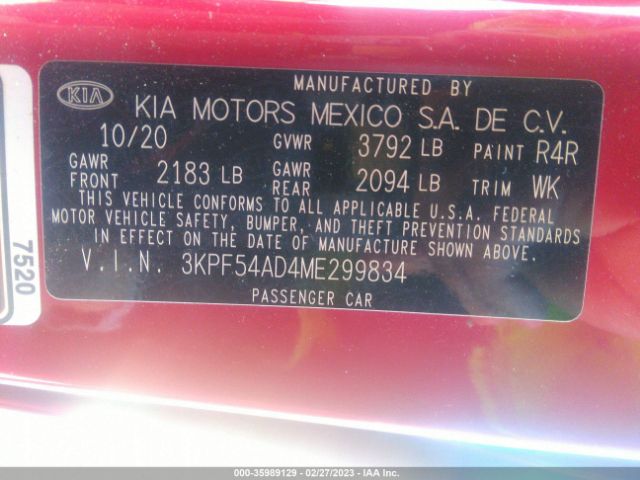 3KPF54AD4ME299834 KIA FORTE EX