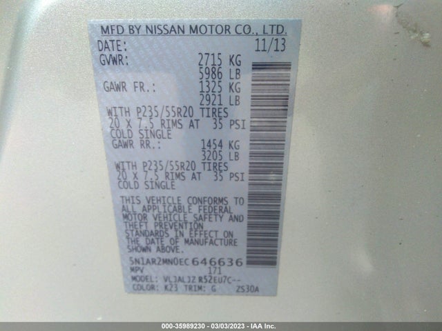 Nissan Pathfinder 2014 5N1AR2MN0EC646636 Image 10