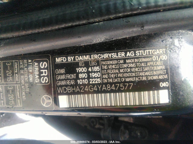 2000 MERCEDES-BENZ C-CLASS KOMPRESSOR VIN: WDBHA24G4YA847577