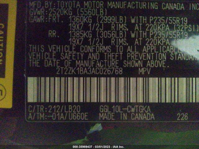 2010 LEXUS RX 350 VIN: 2T2ZK1BA3AC026768