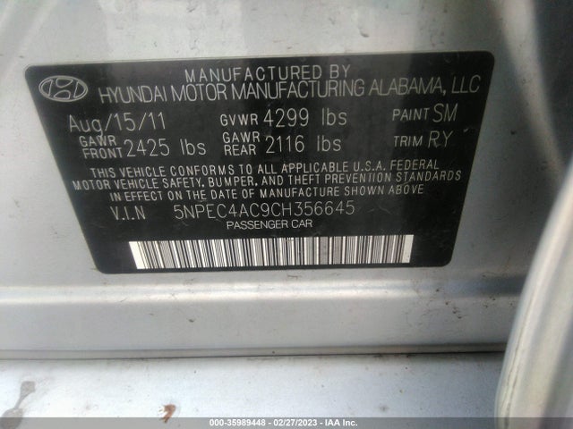 2012 HYUNDAI SONATA 2.4L LIMITED VIN: 5NPEC4AC9CH356645
