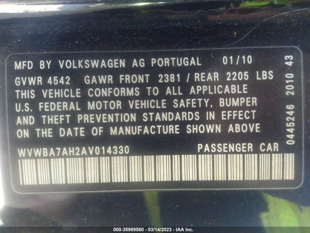 2010 VOLKSWAGEN EOS KOMFORT VIN: WVWBA7AH2AV014330