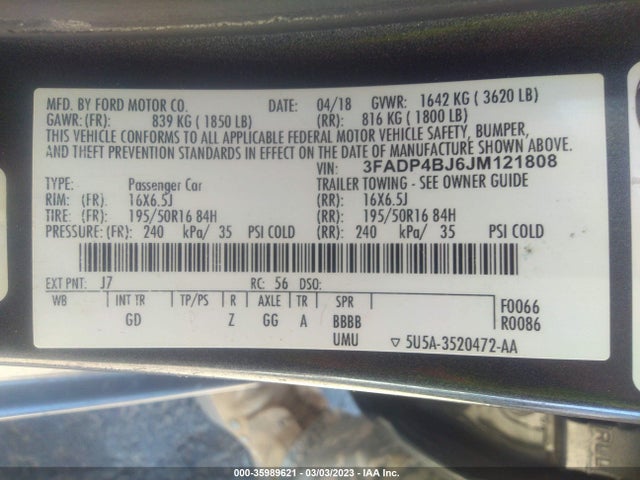 2018 FORD FIESTA SE VIN: 3FADP4BJ6JM121808