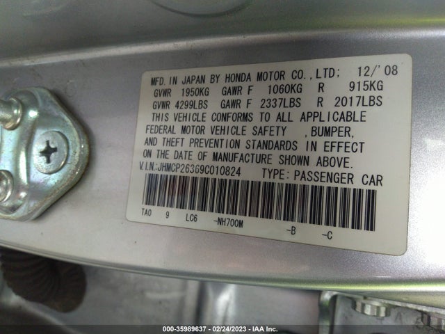 2009 HONDA ACCORD SDN LX VIN: JHMCP26369C010824