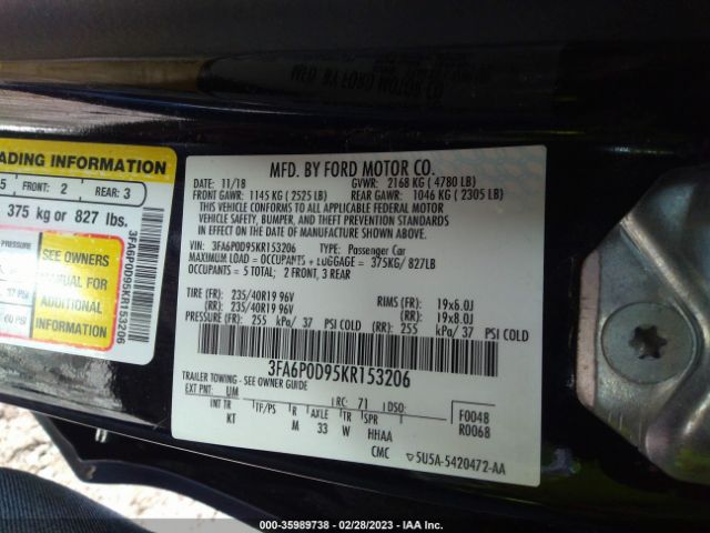 3FA6P0D95KR153206 Ford Fusion Titanium