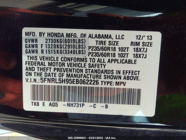 Honda Odyssey Touring 2014 5FNRL5H95EB062226 Image 10