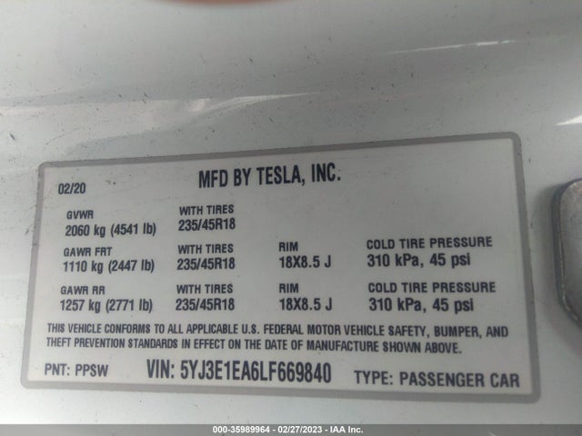 Tesla Model 3 Standard Range 2020 5YJ3E1EA6LF669840 Image 10