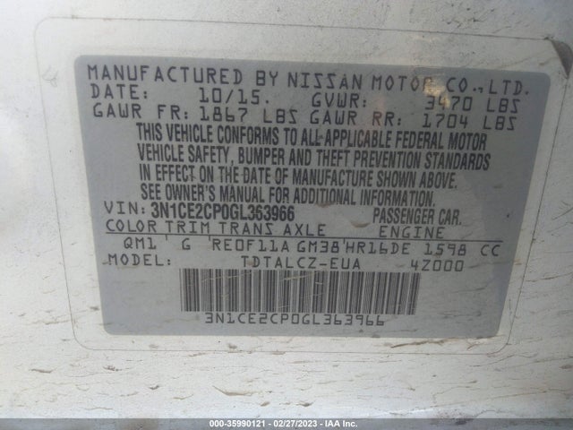 2016 NISSAN VERSA NOTE S/S PLUS/SV/SR/SL VIN: 3N1CE2CP0GL363966
