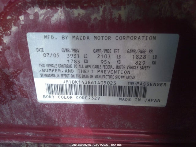 2006 MAZDA MAZDA3 S VIN: JM1BK143861405023