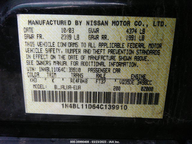 2004 NISSAN ALTIMA SE VIN: 1N4BL11D64C139910