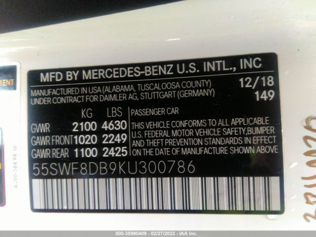55SWF8DB9KU300786 Mercedes-Benz C-class C 300