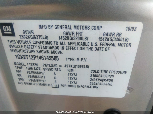 2004 GMC ENVOY XUV SLT VIN: 1GKET12P146145505