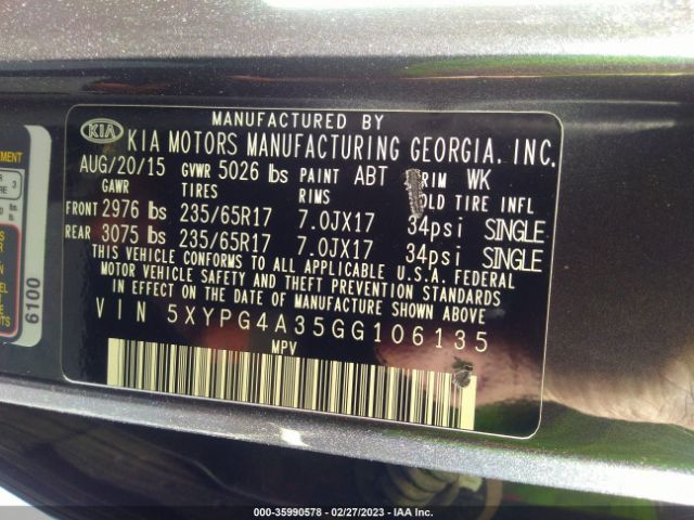 5XYPG4A35GG106135 KIA SORENTO LX
