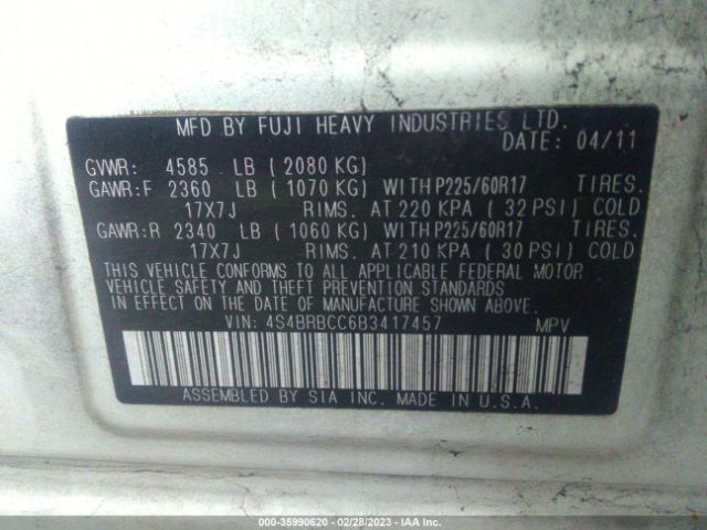 4S4BRBCC6B3417457 Subaru Outback 2.5i Prem Awp