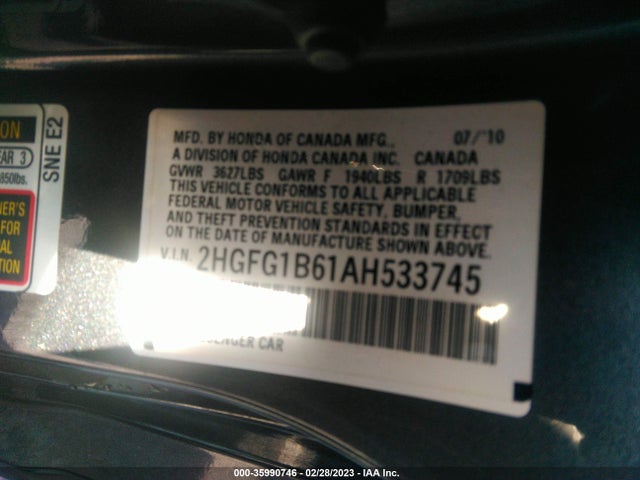 2010 HONDA CIVIC CPE LX VIN: 2HGFG1B61AH533745