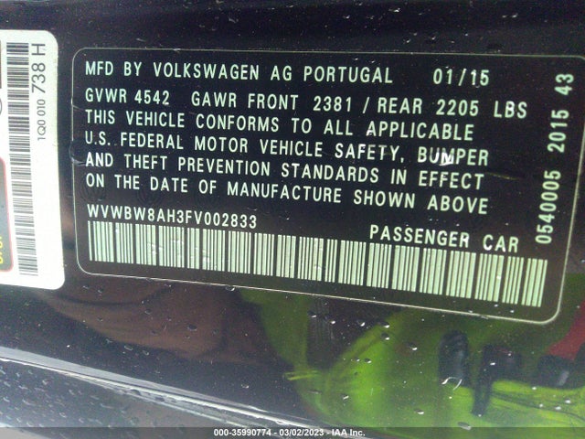 2015 Volkswagen Eos, VIN: WVWBW8AH3FV002833