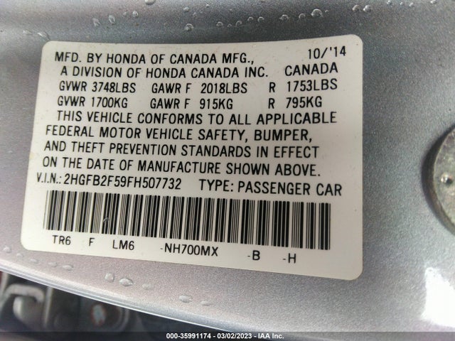 Honda Civic Sedan Lx 2015 2HGFB2F59FH507732 Image 10