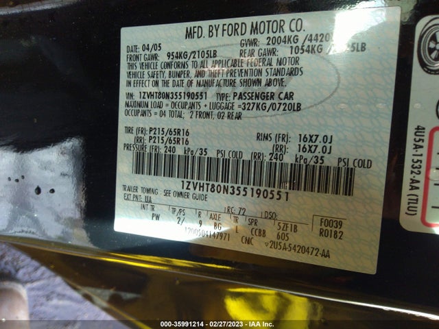 2005 FORD MUSTANG DELUXE/PREMIUM VIN: 1ZVHT80N355190551