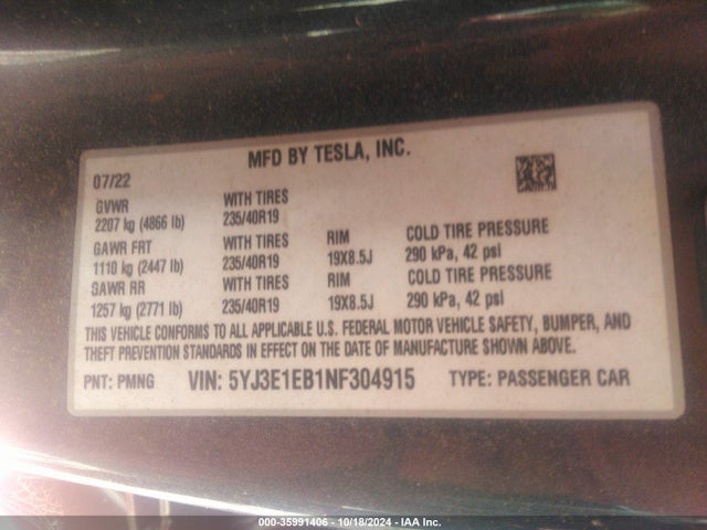 2022 TESLA MODEL 3 5YJ3E1EB1NF304915 Photo 8