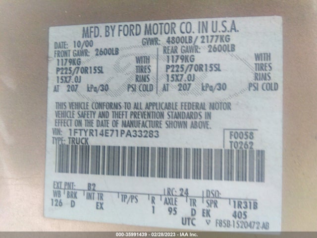 2001 FORD RANGER XLT APPEARANCE/EDGE PLUS VIN: 1FTYR14E71PA33283