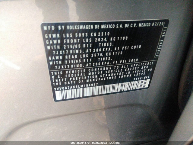 2020 VOLKSWAGEN TIGUAN S VIN: 3VV0B7AX5LM154947