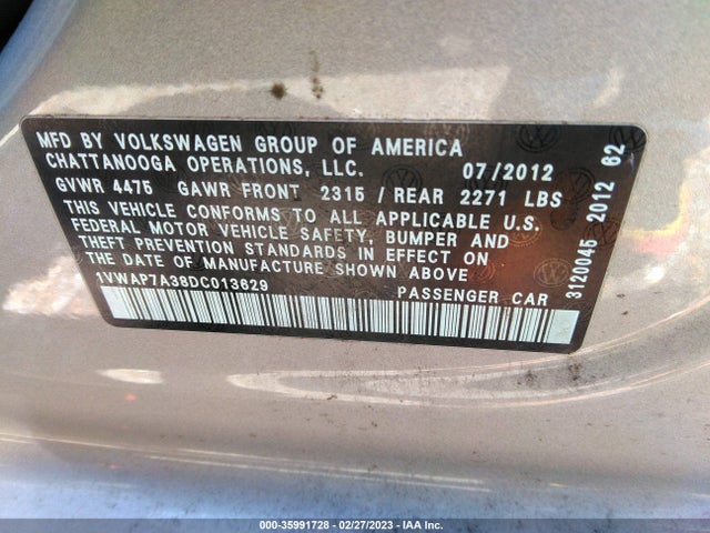 2013 VOLKSWAGEN PASSAT S VIN: 1VWAP7A38DC013629