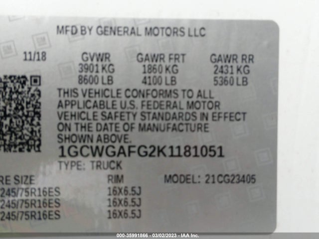2019 Chevrolet Express, VIN: 1GCWGAFG2K1181051