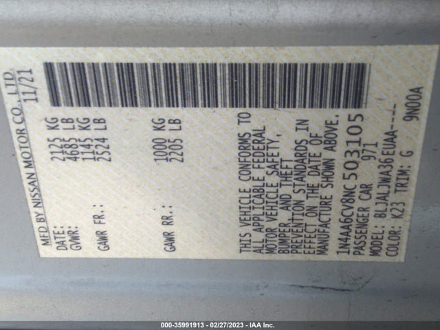 2022 Nissan Maxima, VIN: 1N4AA6CV8NC503105