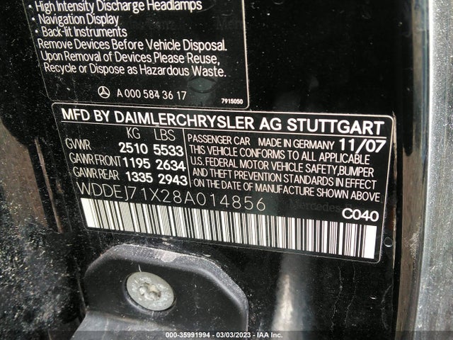 2008 MERCEDES-BENZ CL-CLASS V8 VIN: WDDEJ71X28A014856