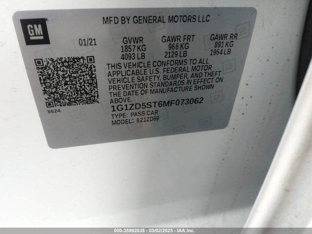 2021 CHEVROLET MALIBU LT VIN: 1G1ZD5ST6MF073062