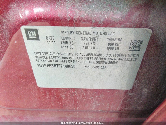 Chevrolet CRUZE LT 2015 1G1PE5SB7F7140650 Image 10