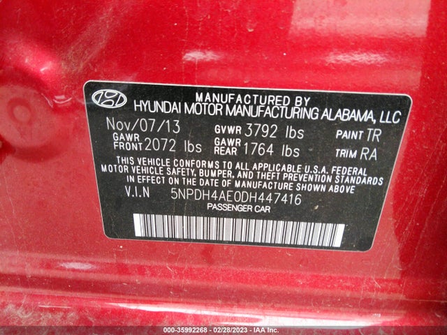 2013 HYUNDAI ELANTRA GLS VIN: 5NPDH4AE0DH447416