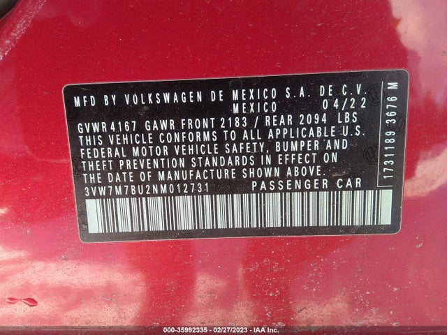 3VW7M7BU2NM012731 Volkswagen JETTA SE