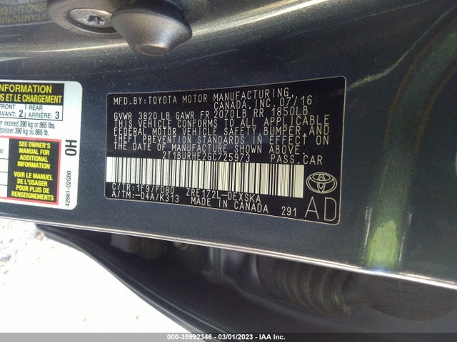2016 TOYOTA COROLLA L/LE/S/S PLUS/LE PLUS VIN: 2T1BURHE2GC725973