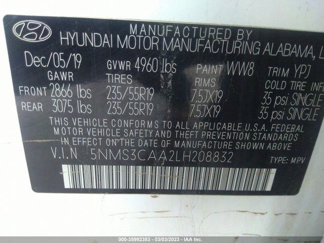 2020 HYUNDAI SANTA FE SEL VIN: 5NMS3CAA2LH208832
