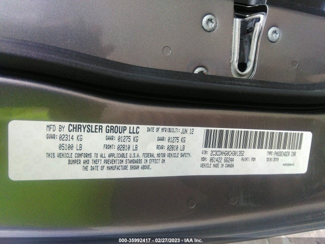 2012 DODGE CHARGER SXT VIN: 2C3CDXHG0CH301352