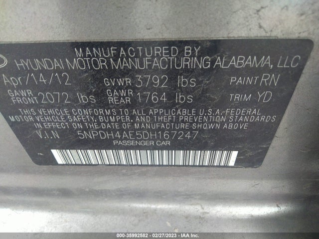 2013 HYUNDAI ELANTRA LIMITED VIN: 5NPDH4AE5DH167247