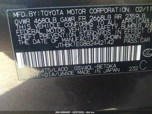 2011 LEXUS ES 350 VIN: JTHBK1EG8B2442142