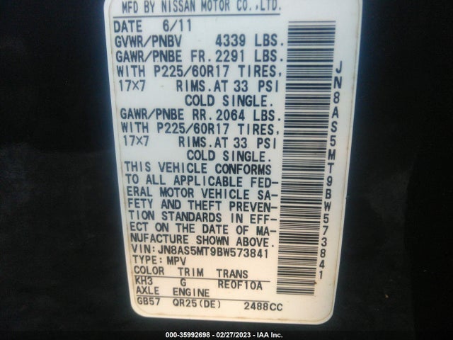 2011 NISSAN ROGUE SV VIN: JN8AS5MT9BW573841