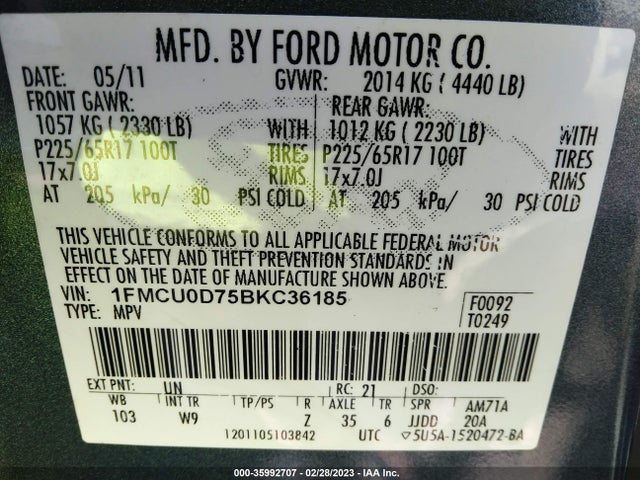 2011 FORD ESCAPE XLT VIN: 1FMCU0D75BKC36185