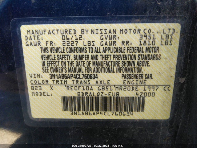2012 NISSAN SENTRA 2.0 VIN: 3N1AB6AP4CL760634