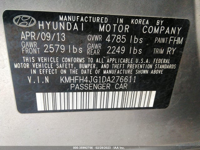 Hyundai Azera 2013 KMHFH4JG1DA276611 Image 9
