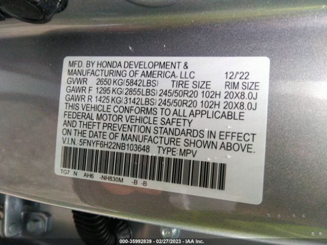 5FNYF6H22NB103648 Honda Pilot Special Edition