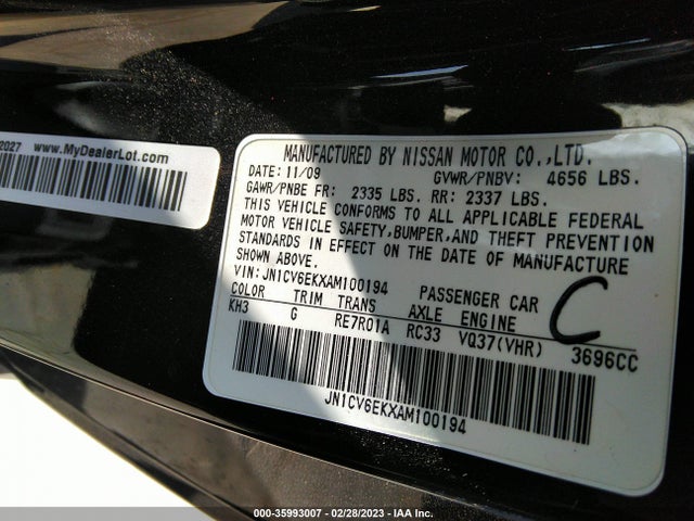 2010 INFINITI G37 COUPE JOURNEY VIN: JN1CV6EKXAM100194