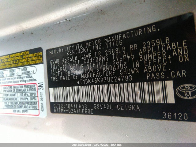 2007 TOYOTA CAMRY XLE VIN: 4T1BK46K97U024783