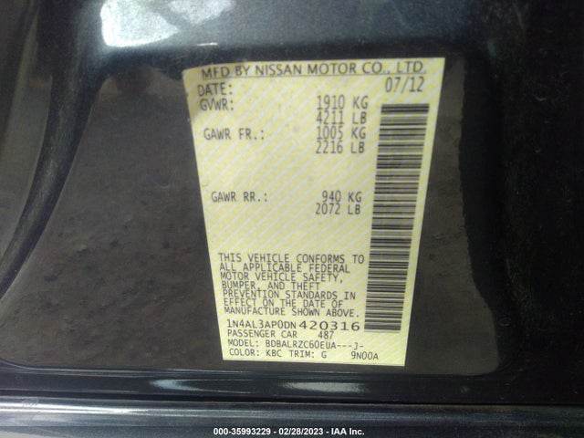 2013 NISSAN ALTIMA 2.5 S VIN: 1N4AL3AP0DN420316